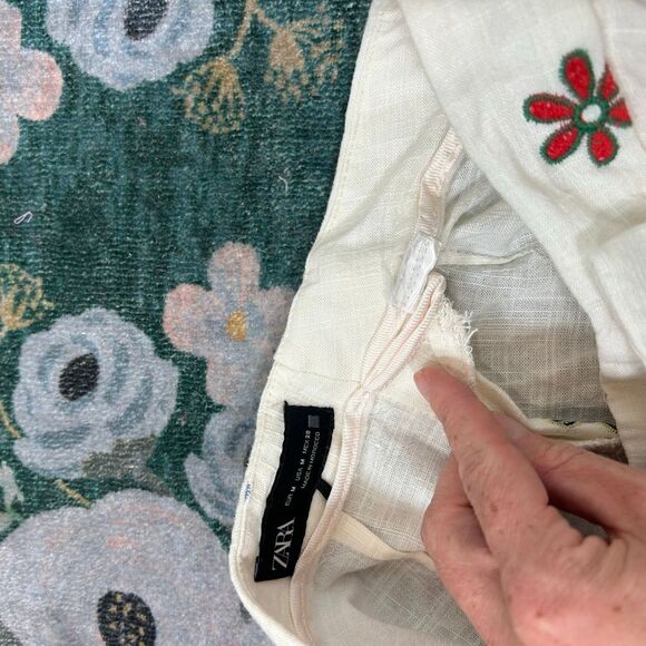 Zara Culottes Pants Womens XS Ivory Floral Linen Blend Embroidered Wide Leg - Picture 11 of 16